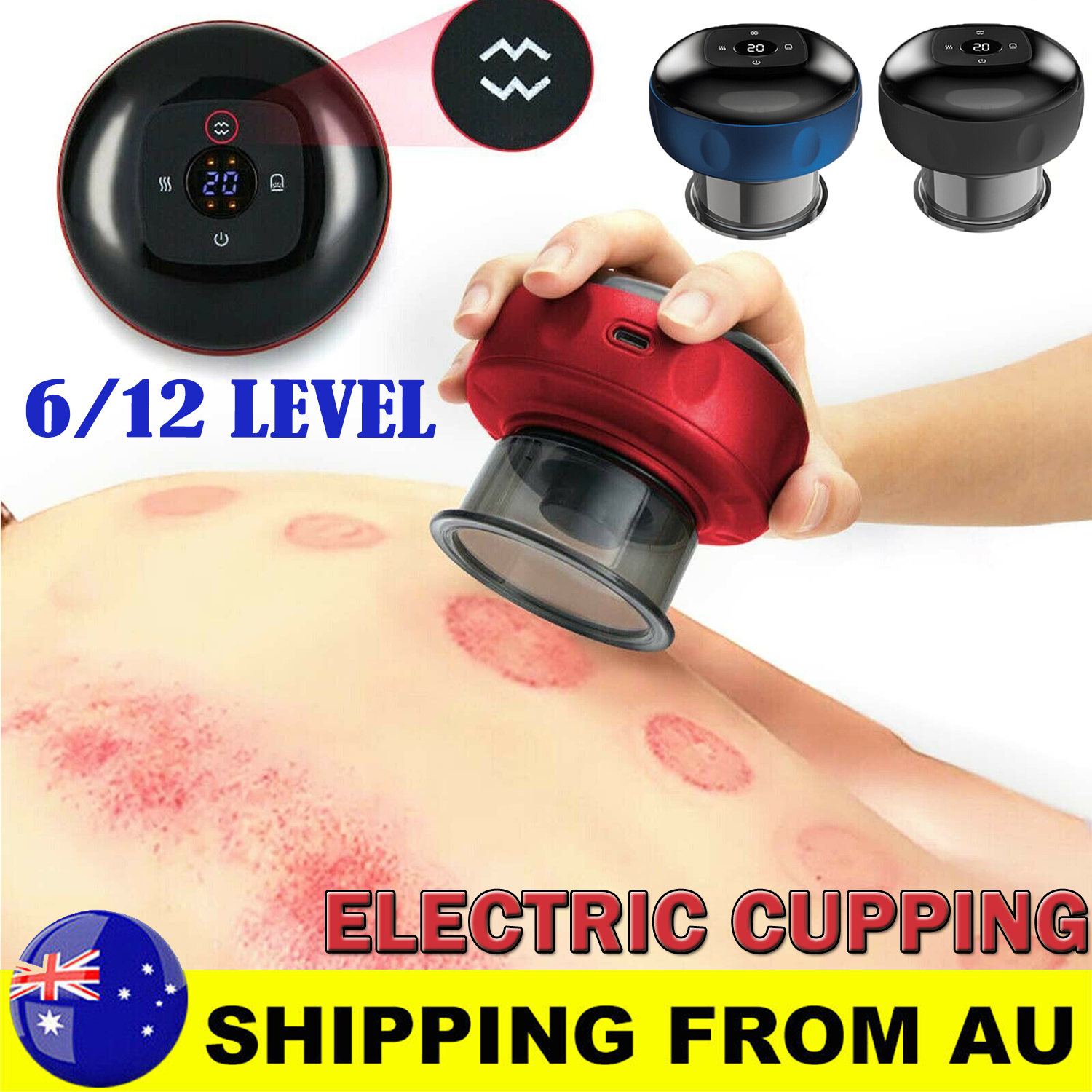 Black Electric Cupping Therapy Smart Scraping Massager Red Light Heating Body Slimming
