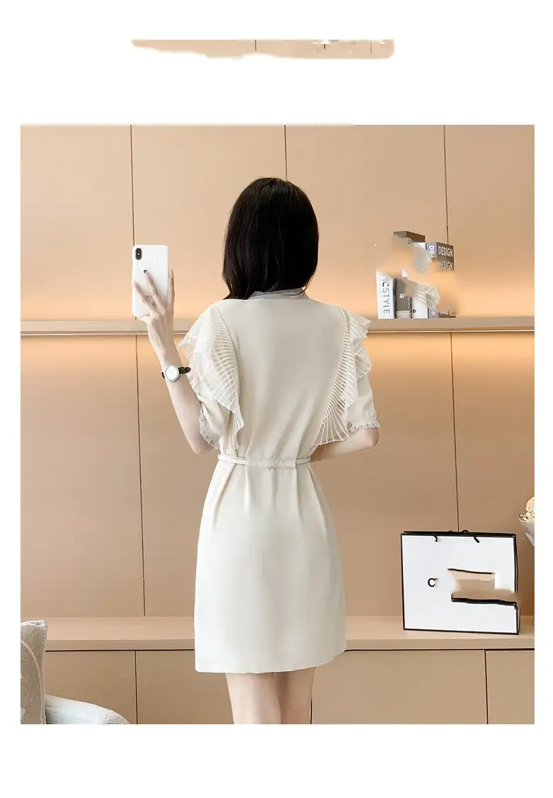 Short Sleeve Solid Color Mid-length Hollow-out Knitted Dress