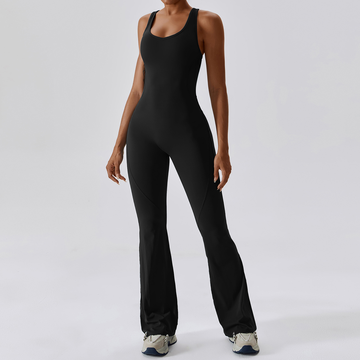 Women Quick Dry One Piece Yoga Jumpsuit High Waist Tummy Control Butt Lifting Flared Leg Bodysuit Gym Dance Workout Outfit 2