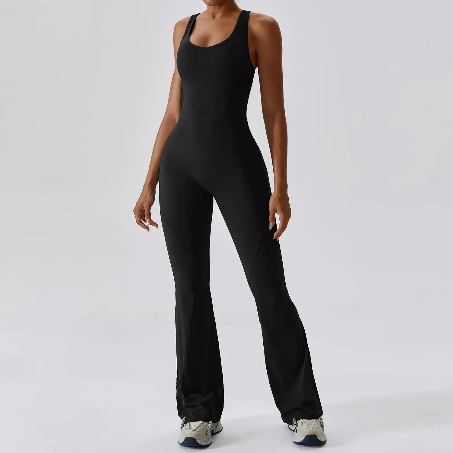 Women Quick Dry One Piece Yoga Jumpsuit High Waist Tummy Control Butt Lifting Flared Leg Bodysuit Gym Dance Workout Outfit