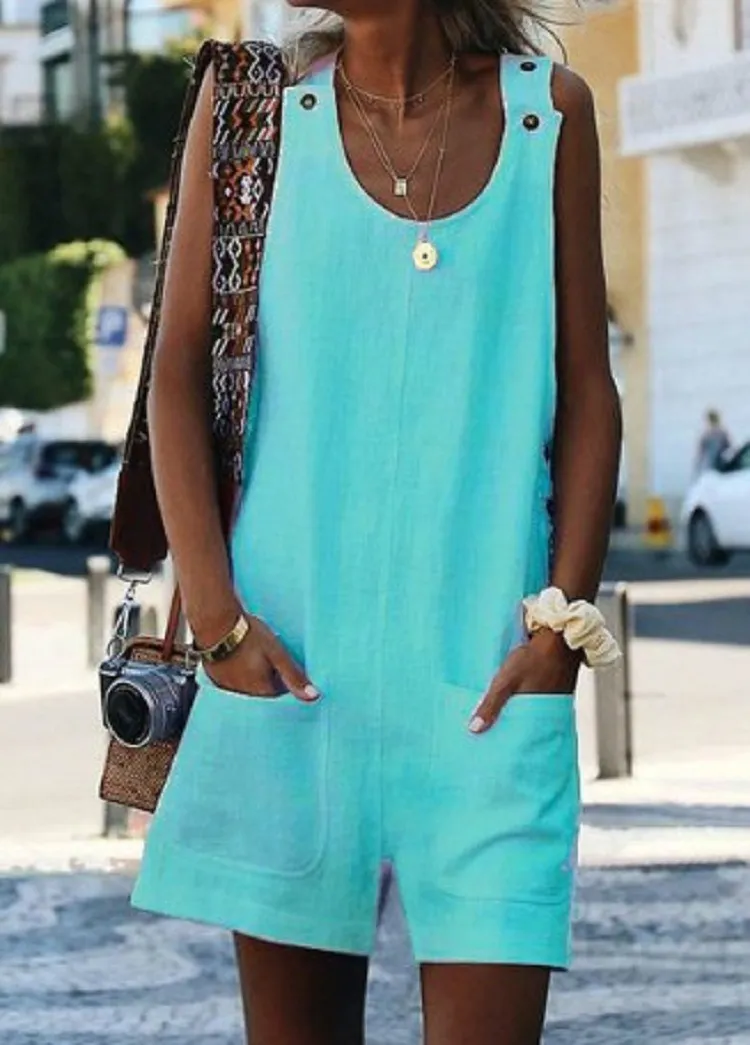 Summer New Style Women Pocket Button Cotton And Linen Strap Button Jumpsuit - Blue