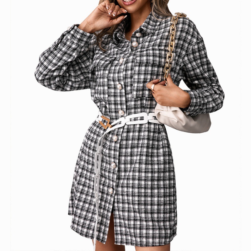 Ladies Casual Single-breasted Mid-length Plaid Shirt