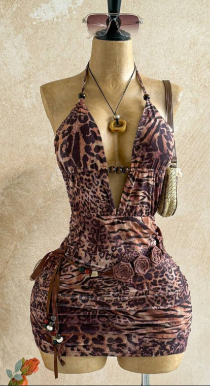 Y2K Leopard Print Halter Ruching Bodycon Dress