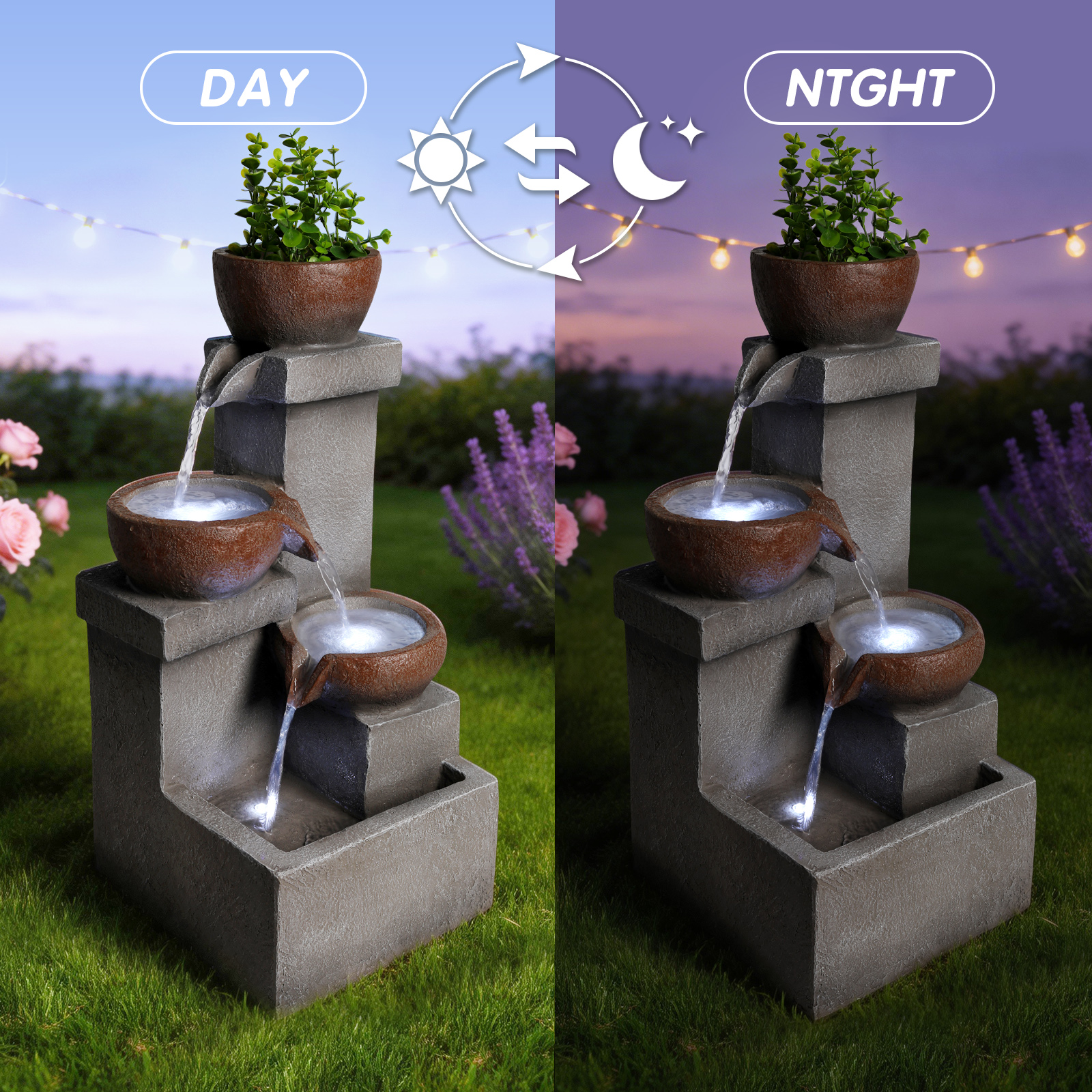 Outdoor Water Fountain Tiered Cascading Jar Waterfall Resin Garden Patio Decor With LED Lights — foto 3