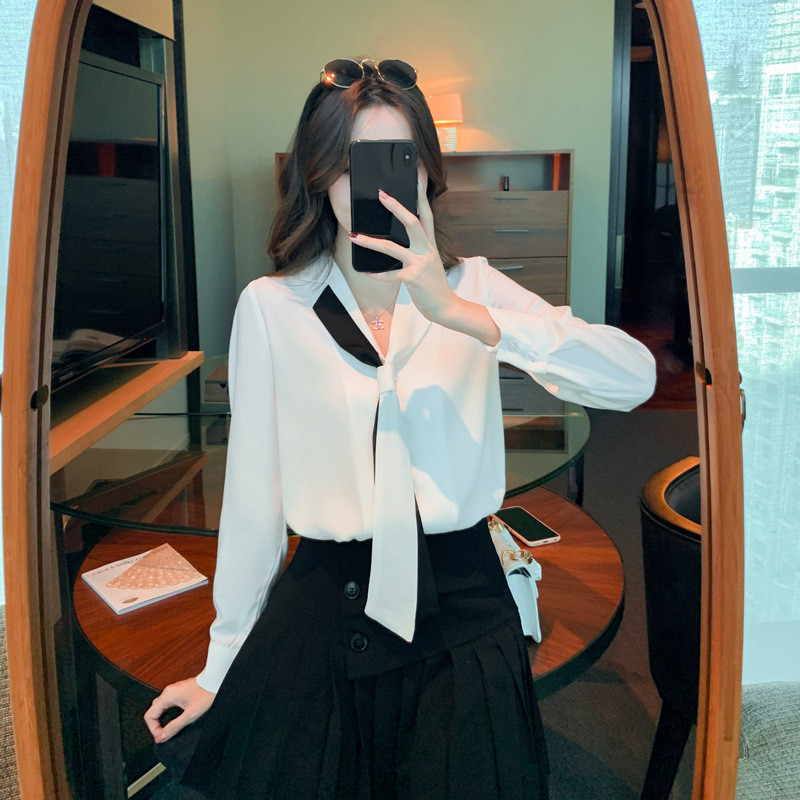 Lapel Tie Professional White Shirt Female Design Sense Shirt Chiffon Shirt