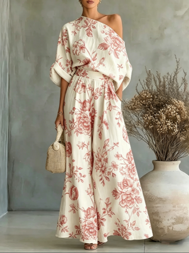 One-shoulder Off-the-shoulder Waist-tied Wide-leg Jumpsuit