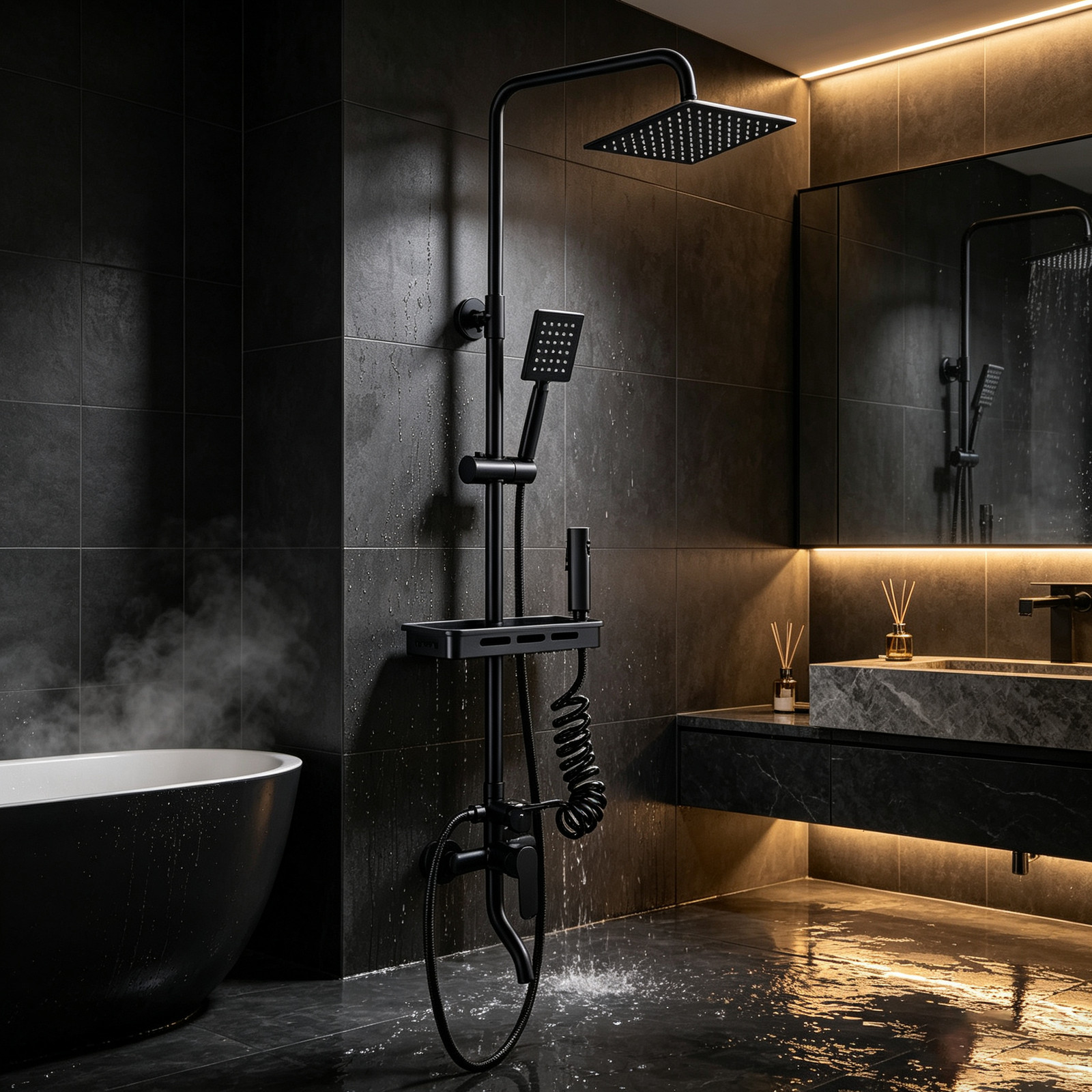 4-Way Diverter Black Bathroom Shower Mixer Twin Head Large Square Bar Set — image 4
