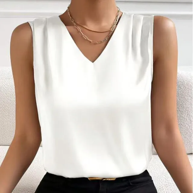Women's Satin Camisole Loose Fit Sleeveless V Neck Tank Top White - Shop at LoveMi