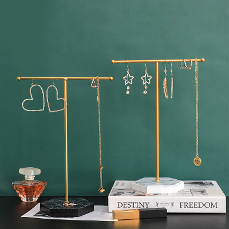 Marble T Shape Jewelry Wood Base Display Storage Rack
