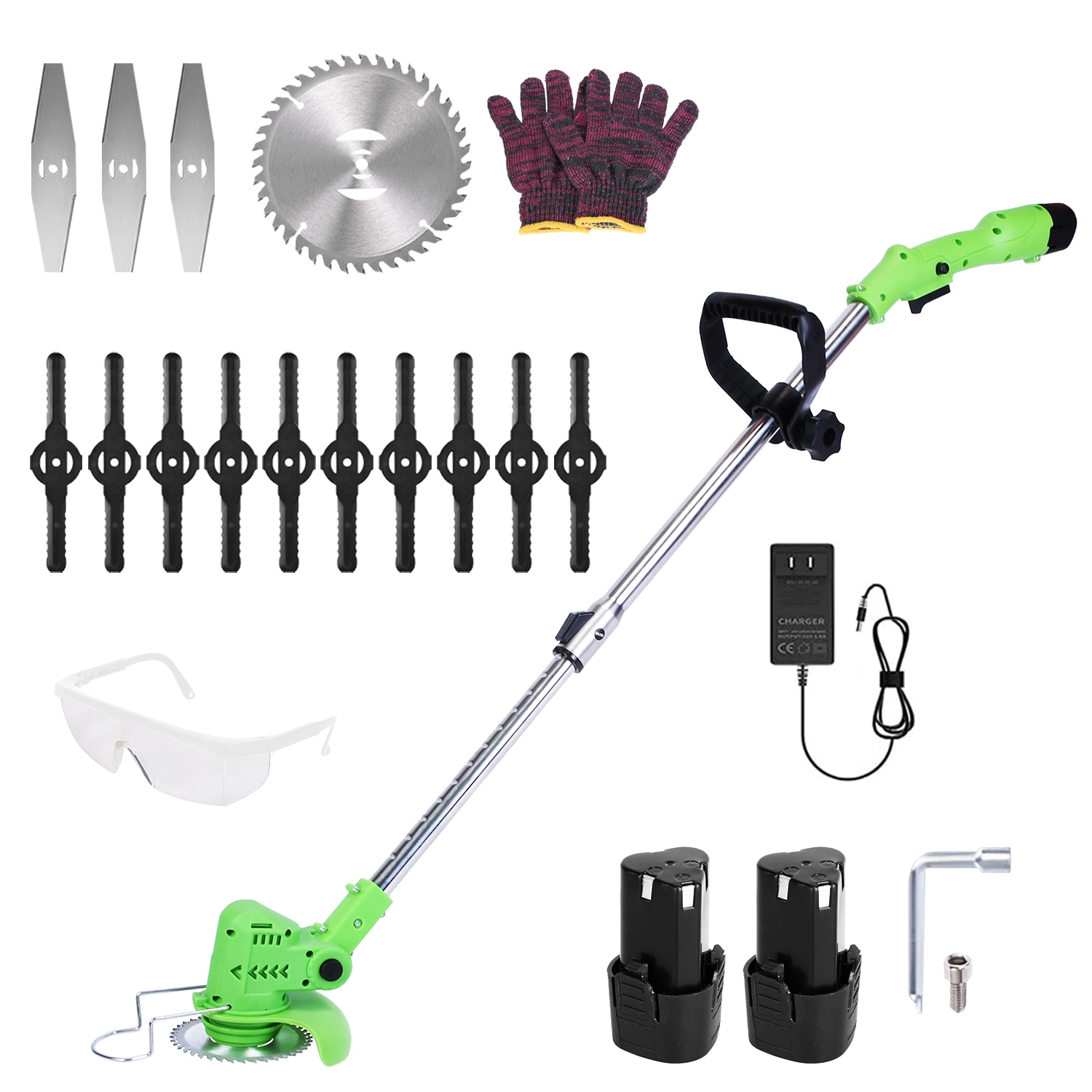 12V 200W Cordless Grass Trimmer Rechargeable Lawn Mower 9000M Per Min Weed Cutter With Saw Blade 2 Stainless Steel Blades 10 Plastic Blades 2 Rechargeable Batteries Goggles Gloves