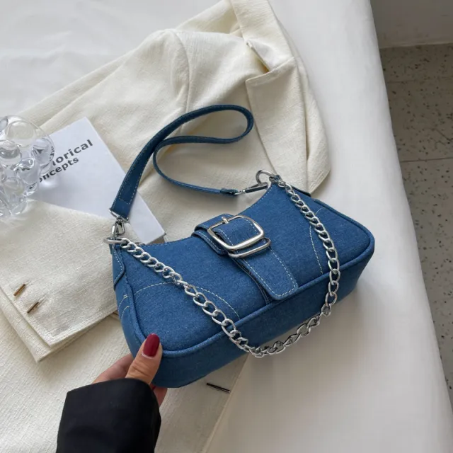 Denim Shoulder Bags Women's Fashion Chains Handbag Crossbody Bags Small Square Armpit Bag Blue - Shop at LoveMi