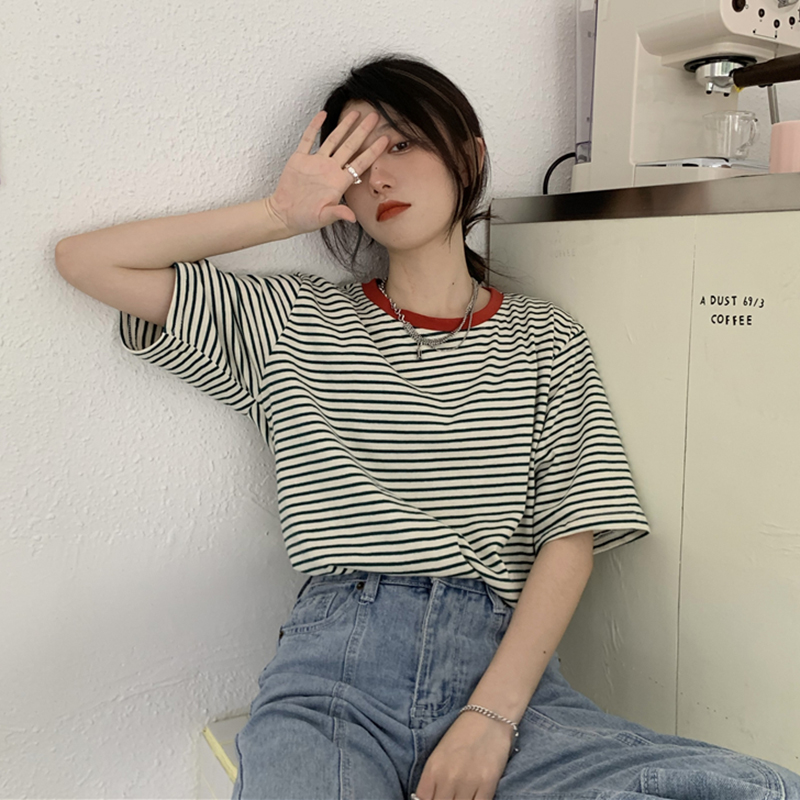 Title 4, Striped T-shirt Female Chic Retro Hong Kong Fla...