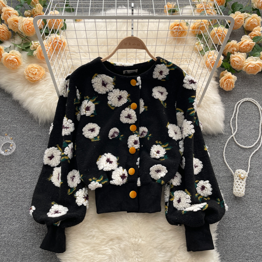 Retro Three-dimensional Flower Temperament Slim Single-breasted Cardigan Short Jacket Women
