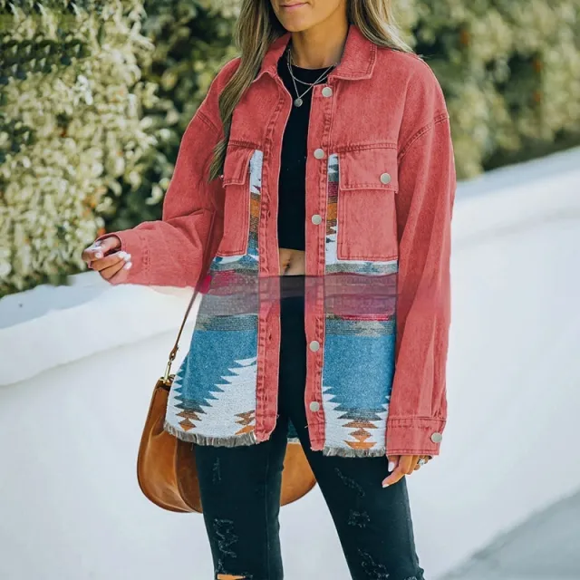 Women's Cowboy Coat Lapel Pocket Patchwork Wool Washed Distressed Coat Rose Red - Shop at LoveMi