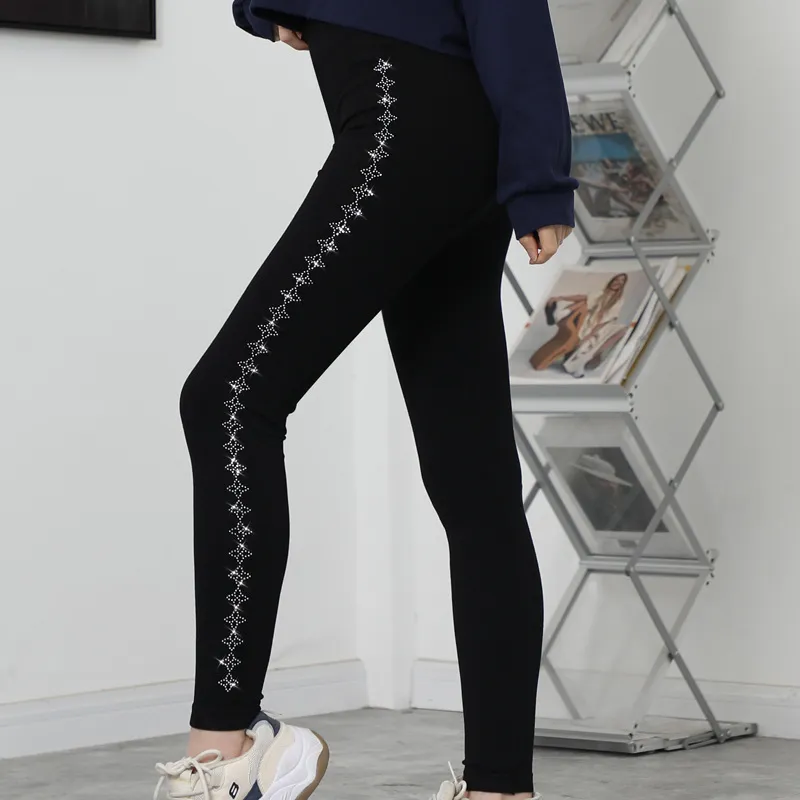 Stretch Slimming Modal Outdoor High Waist Hot Drill Nine-point Pants - White Diamond Square