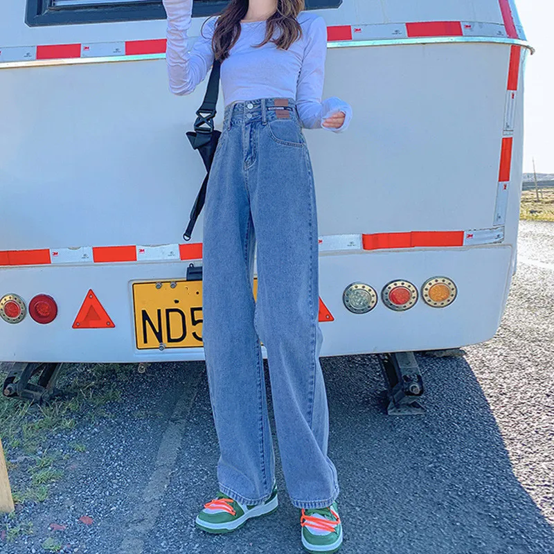 Women's High Waist Straight Loose And Slim Double Button Jeans - Vintage Blue