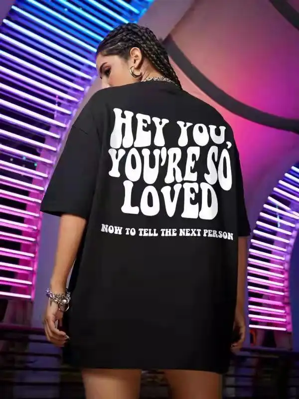 Front And Back Letter Print European And American Drop Shoulder Short Sleeves
