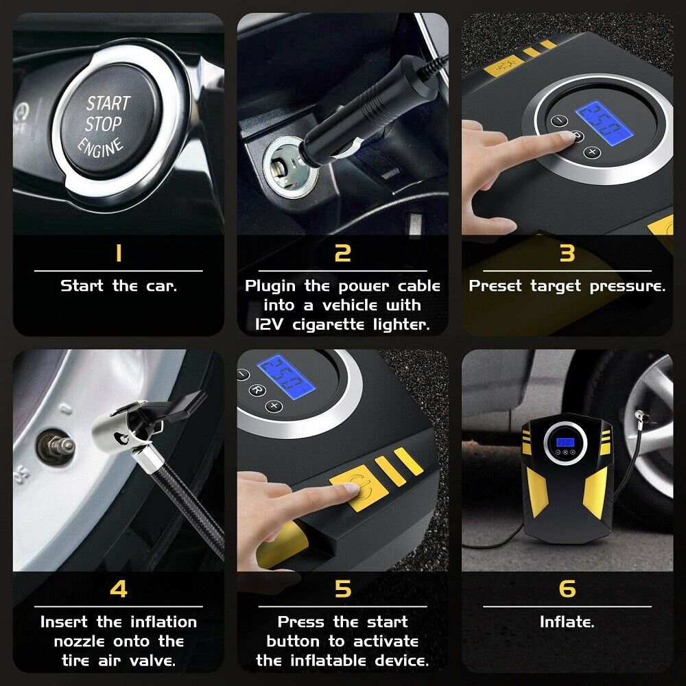 Digital Display Car Tire Inflator Portable, 12V DC Air Compressor W&LED Light — foto 7