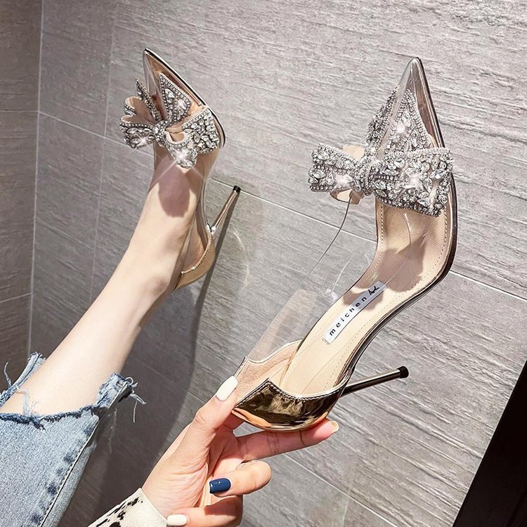 Korean Version Single Shoe Thin Heel Pointed Diamond Bow Champagne 38 - Shop at LoveMi