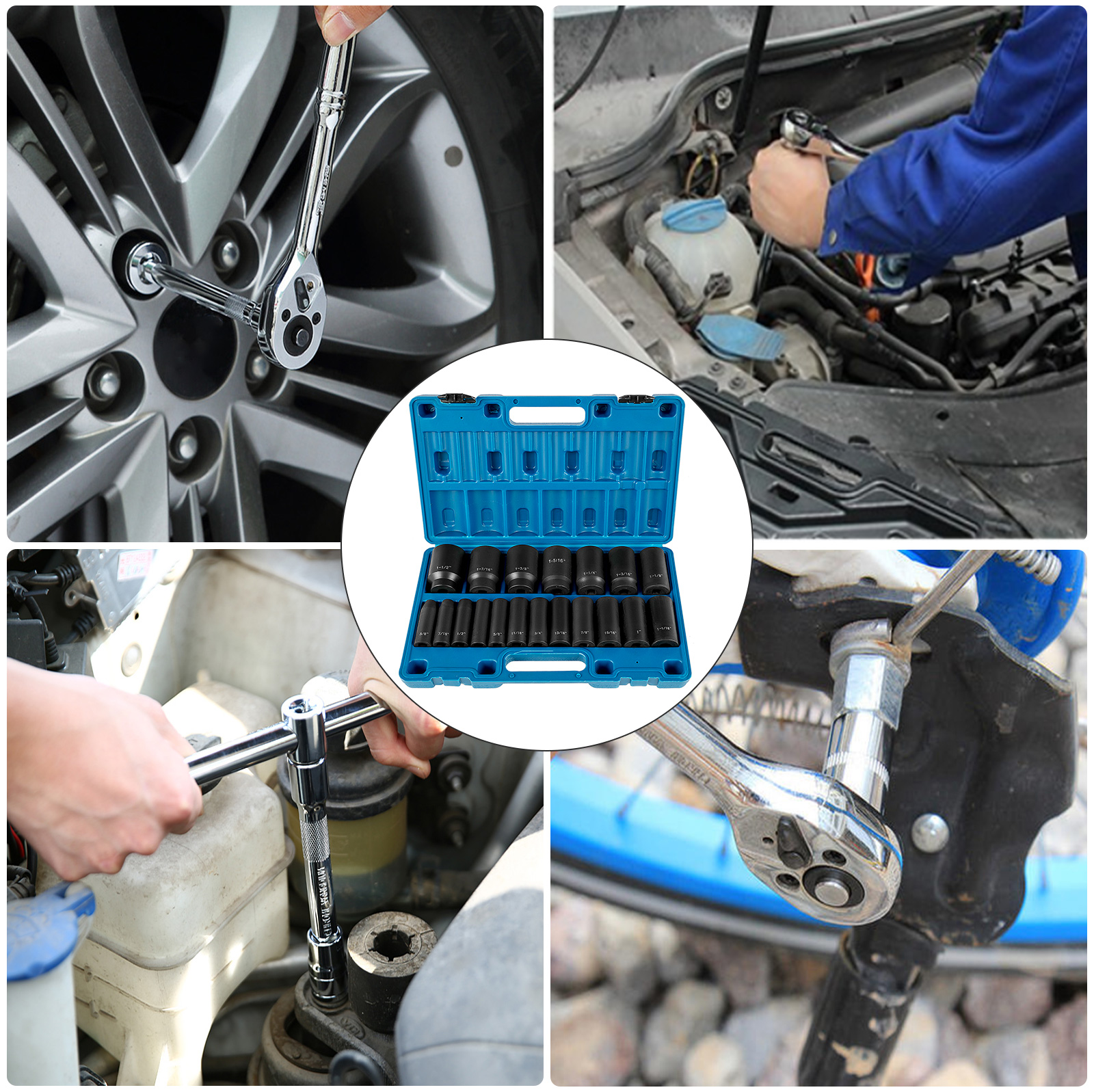 VEVOR Impact Socket Set 19 Piece Impact Sockets, Deep Socket, 6-Point Sockets, Rugged Construction, Cr-V,  With A Storage Cage