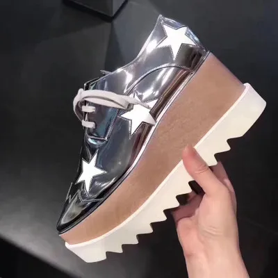 Sponge Cake High-heeled Wedge-heel Platform Star Square Toe Single Shoes Women - Silver