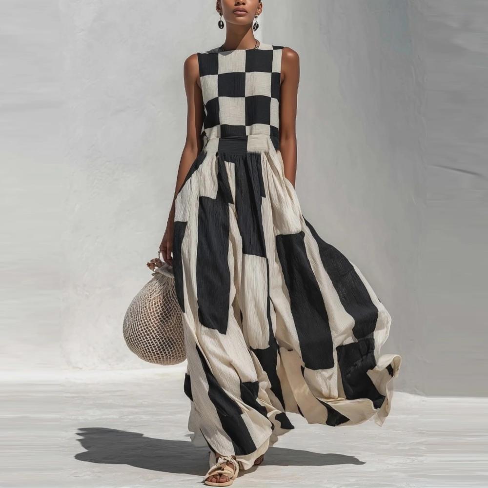 Round Neck Sleeveless Black White Check Maxi Dress, High Waist Pleated Loose Flowy Vacation Long Dress
