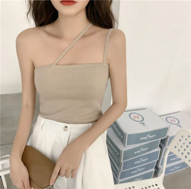 French Women's Short Top With Diagonal Shoulder Suspenders Apricot - Shop at LoveMi