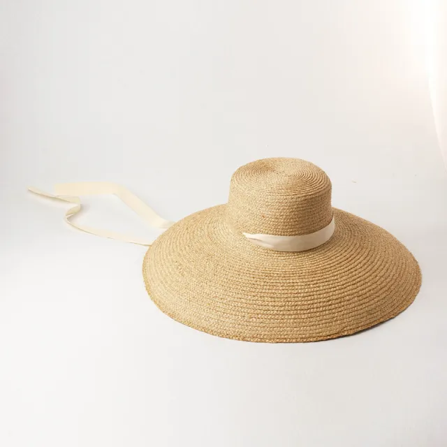 Outdoor Flat top Curved Hand woven Raffia Straw Hat White Straps - Shop at LoveMi
