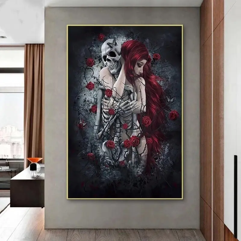 Skull Wall Art Painting Red Rose Canvas Picture Long-Haired