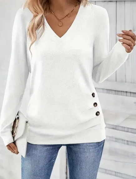 Button Front V Neck Long Sleeve Blouse, Women's Clothing White - Shop at LoveMi