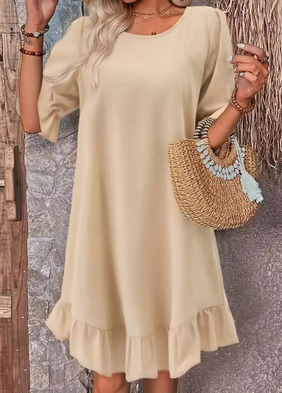 Solid Ruffle Hem Flounce Sleeve Dress