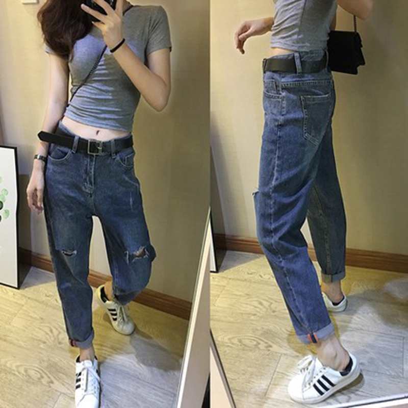 Women's Loose And Slim Ripped Denim Ninth Pants