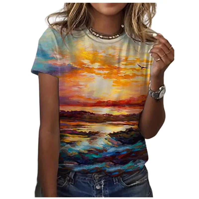 European And American Round Neck Printed Pullover Loose Large Size Short Sleeve - 14Style