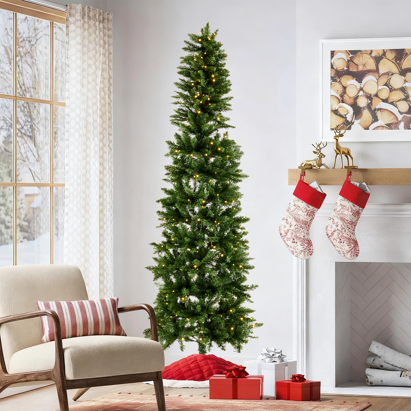 Pencil Christmas Tree, Prelighted Artificial Slim Christmas Trees With 250 Incandescent Lights, 571 Branch Tips & Foldable Base image 12