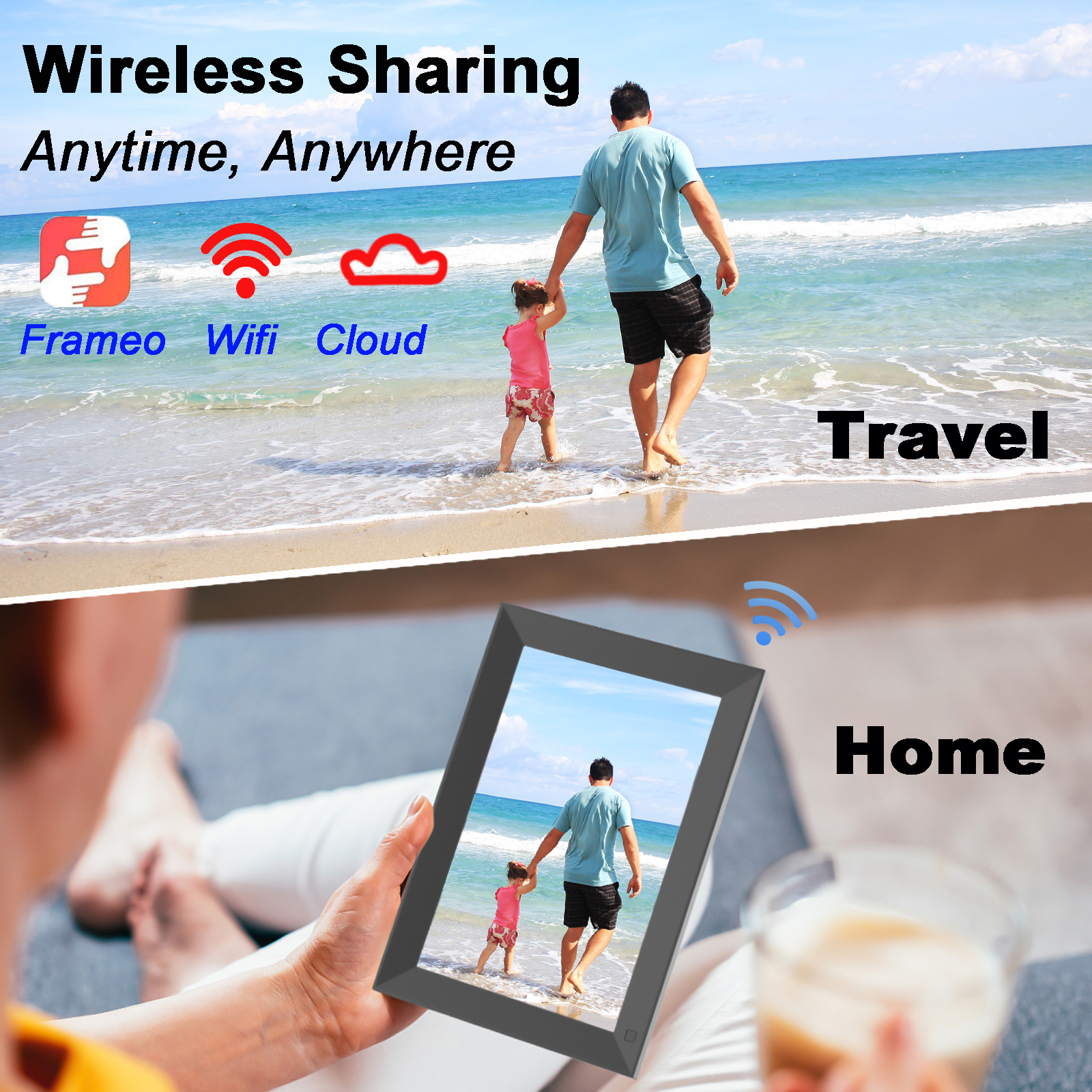 10.1 Inch Smart Cloud WIFI Digital Picture Frame 1280x800 Full IPS Touchscreen With Free Frameo APP, Easy Share Photos Or Videos, Sleep Mode, 16GB Storage