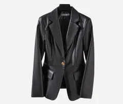 Women's Slim Skinny Leather Jacket Coat - Black - View 1