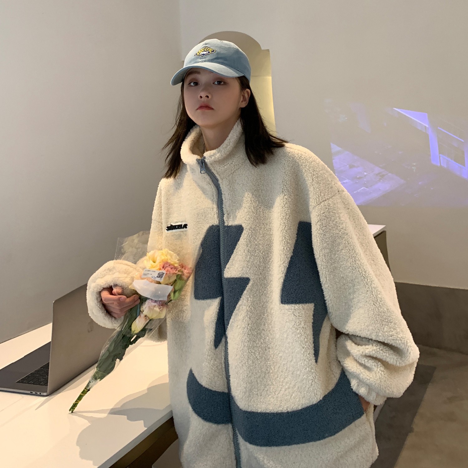 Winter Dress Embroidered Smiling Face Lamb Wool Coat