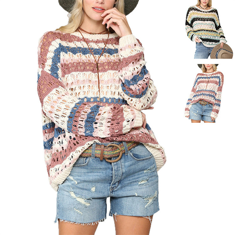 Title 6, Hollow Knitted Sweater Color Stripe Stitching R...