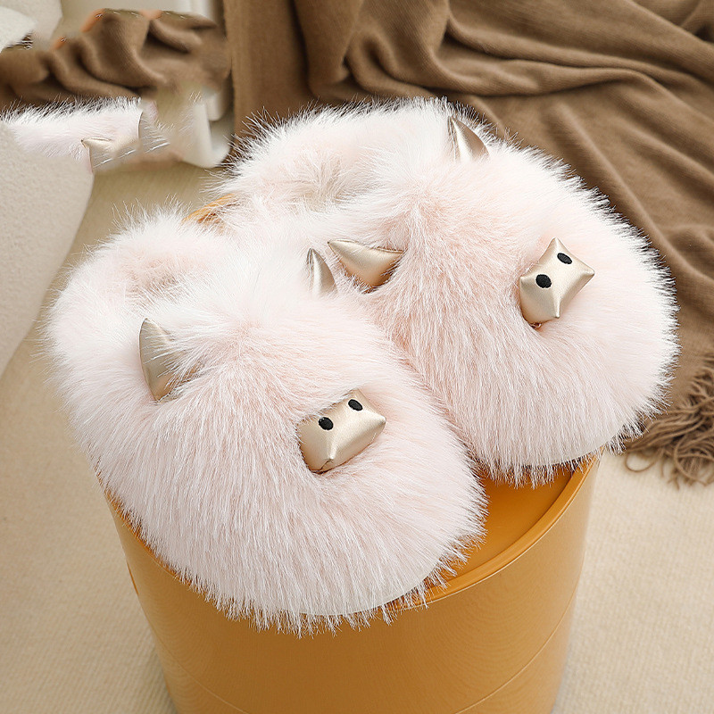 Title 5, Three-dimensional Metal Horn Fluffy Slippers Fe...