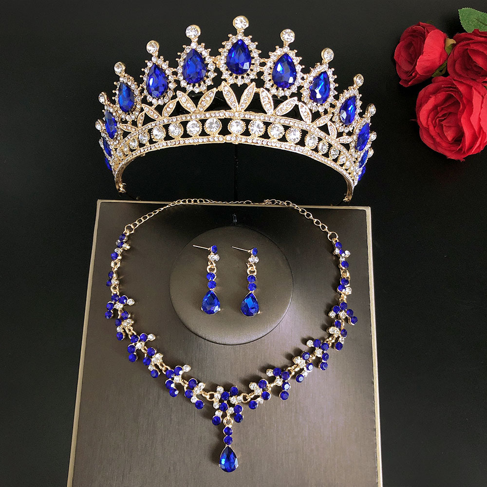 Royal Queen Bridal Jewelry Sets For Women Luxury Tiaras Crow Blue A Suit - Shop at LoveMi