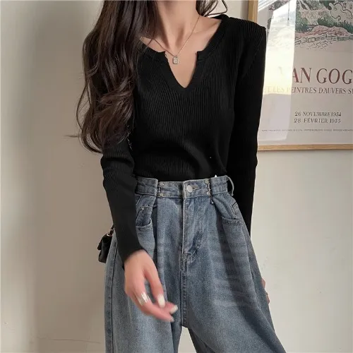 Brown Knitted Long sleeved V neck Bottoming Shirt For Women Black - Shop at LoveMi