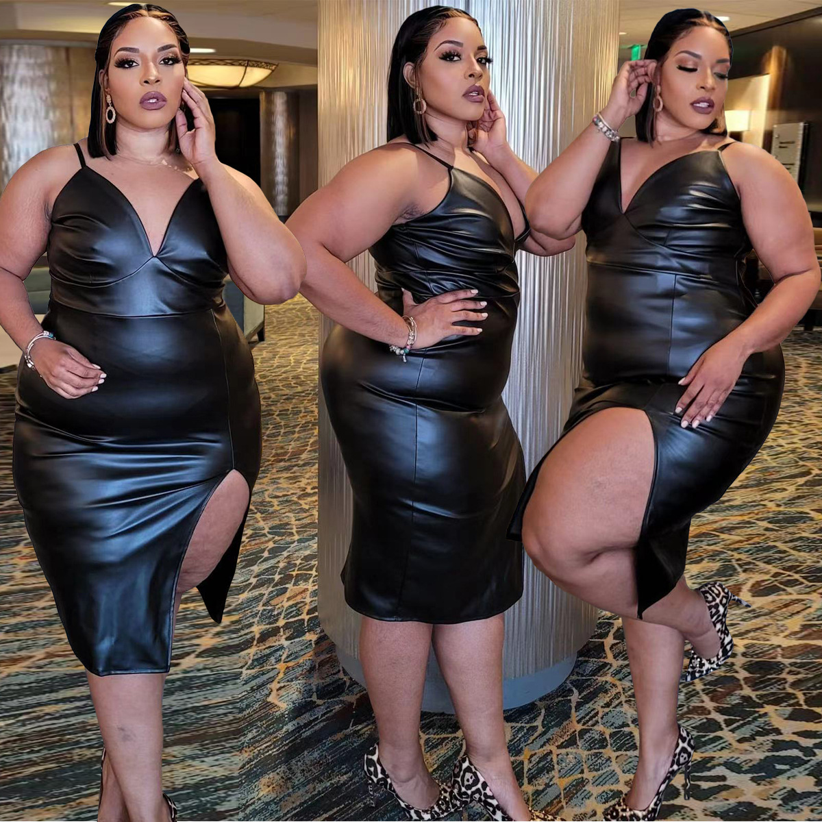 Temperament PU Leather Slit Bag Hip Suspender Skirt