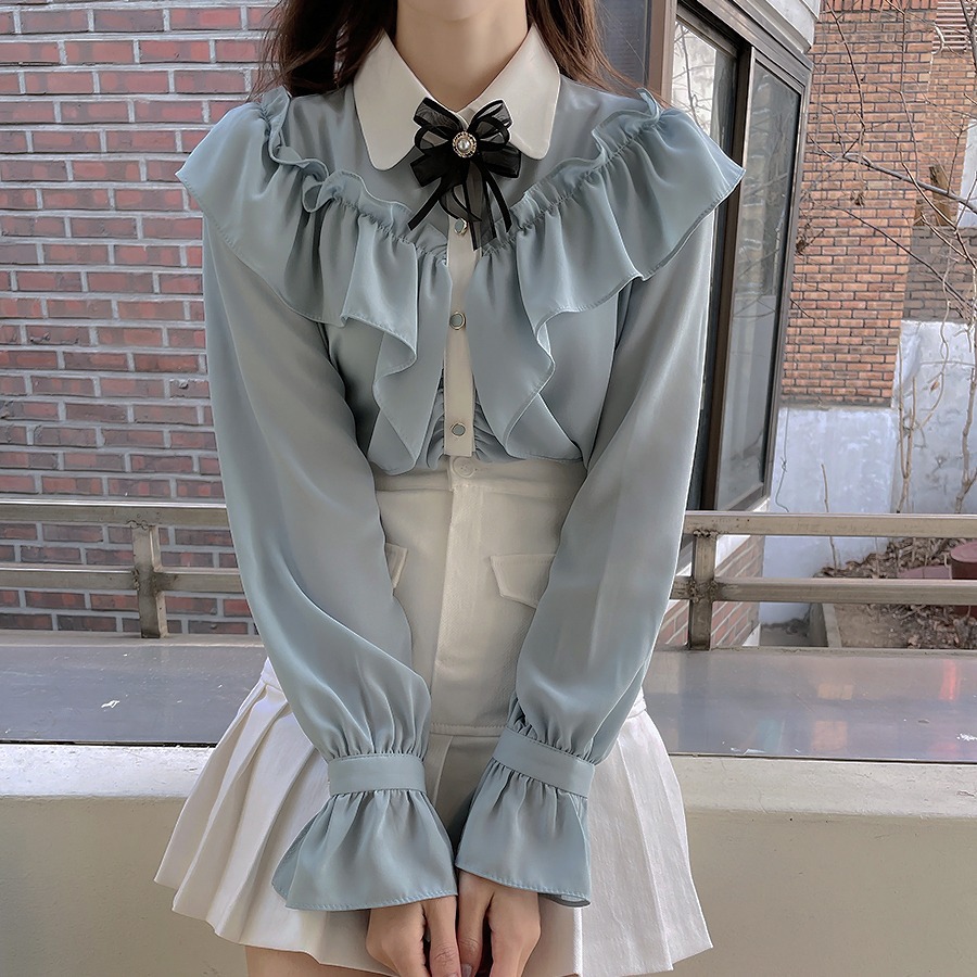 Title 7, Bowknot Solid Color Ruffled Long-sleeved Shirt