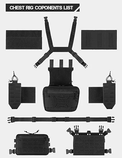 Modular Tactical Chest Rig with Magazine Pouch. High Quality Material Tactical chest rig tactical vest is made of high quality nylon fabric, an heavy duty fabric that resists wear, stress, and tearing, Water repellent fabric ensures minimal water absorpti