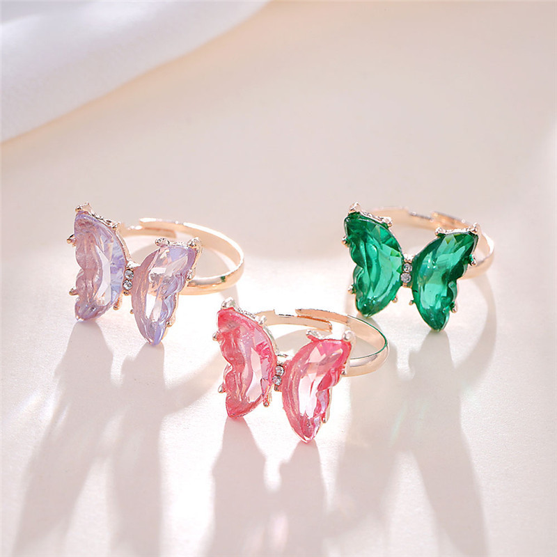 Creative Fashion Colored Crystal Glass Butterfly Ring Women