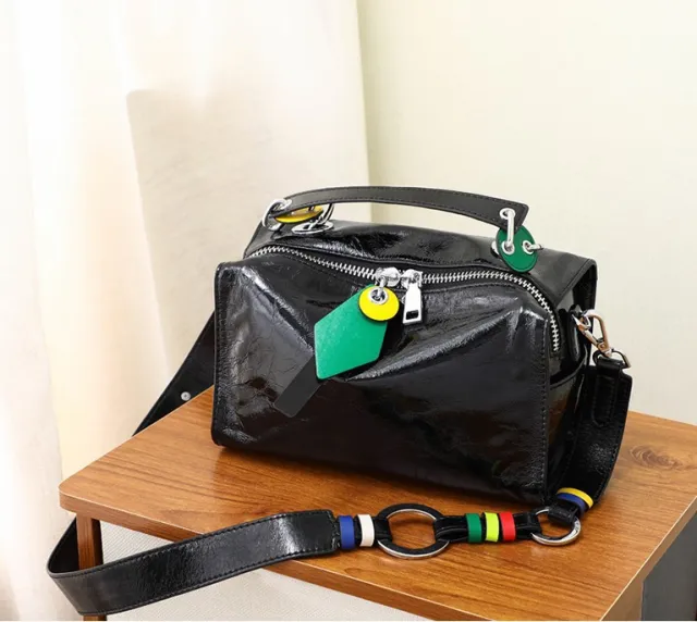 Shiny Genuine Leather Single shoulder Messenger Bag Black - Shop at LoveMi