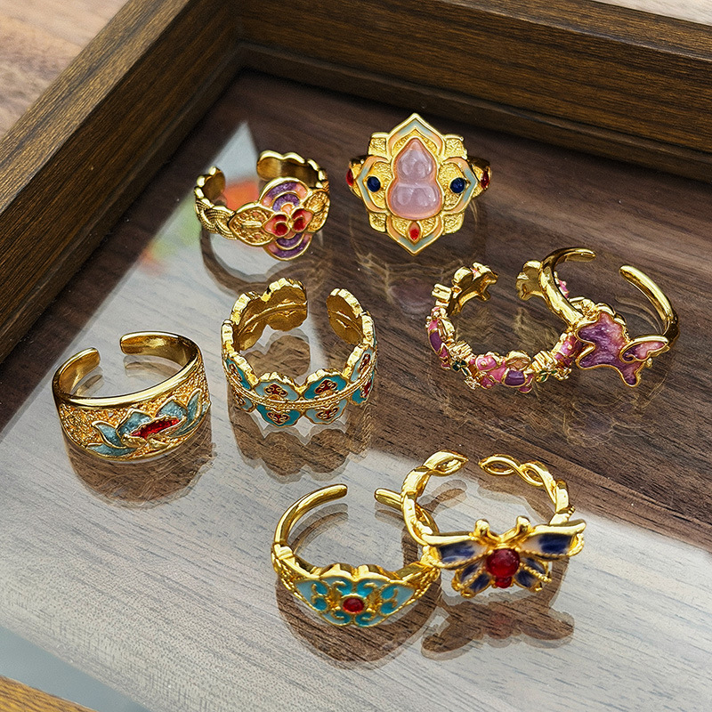 Retro Light Luxury Enamel Ring, Exquisite Lotus, Cloud, Butterfly And Gourd Design, Niche Adjustable Finger Ring For Women