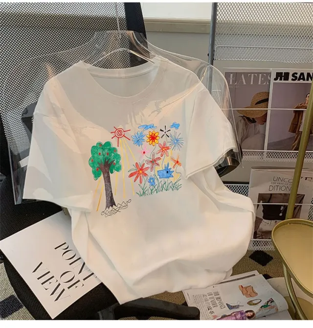 Cotton Plus Size Women's Summer Print Short Sleeve T Shirt White - Shop at LoveMi