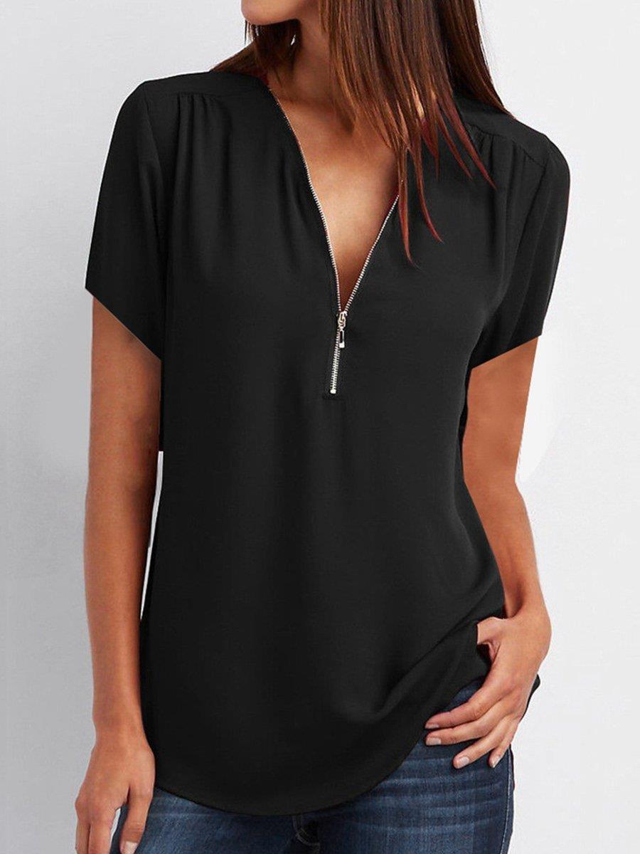 Title 8, V-neck Zipper Short-sleeved Chiffon Shirt