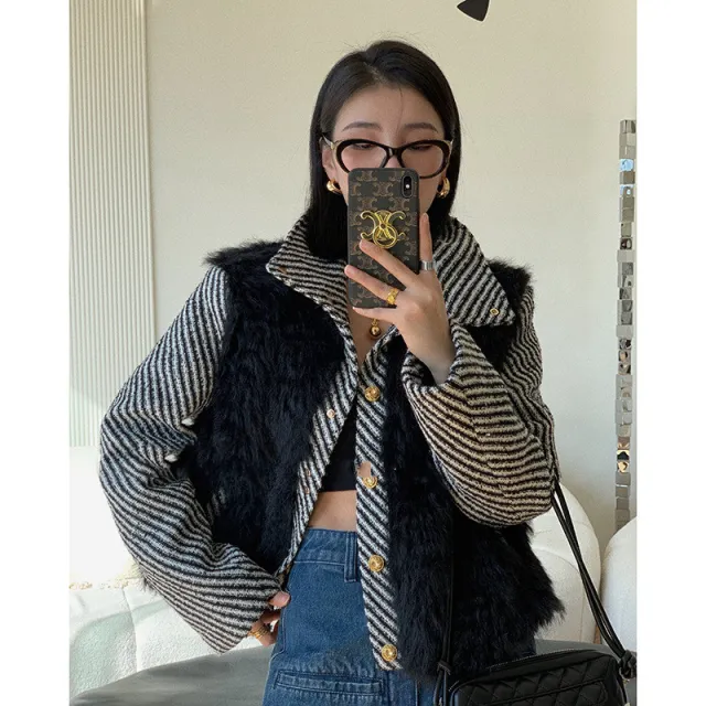 Temperament Small Fragrant Gold Buckle Tweed Faux Fur Coat Black - Shop at LoveMi
